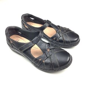Clarks Women Size 8.5 M Mary Jane Comfort Shoes Black Leather T Strap Flats